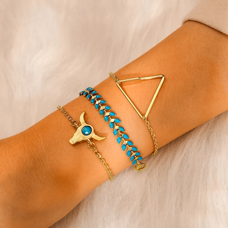 Docona марочные браслеты с синими бусинами и листьями Головы Быка, треугольные Многослойные браслеты, набор для женщин и девушек, геометрические цепочки, браслет, браслеты, 5632