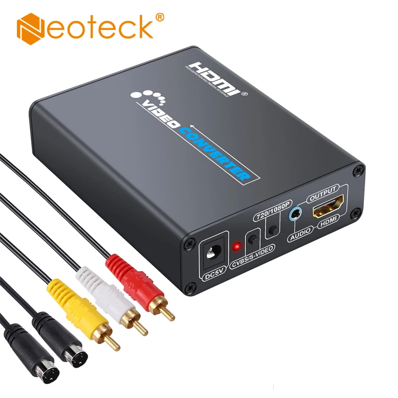 Neoteck 3RCA AV CVBS คอมโพสิต S Video R/L Audio To HDMI Upscaler 720P
