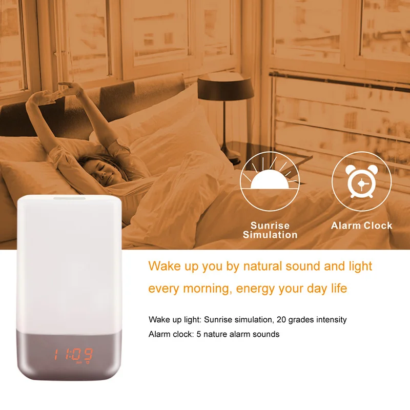 

Wake Up Alarm Clock Light with Sunrise Simulation Sounds LED Night Light Bedside Table Reading Lamp CLH@8