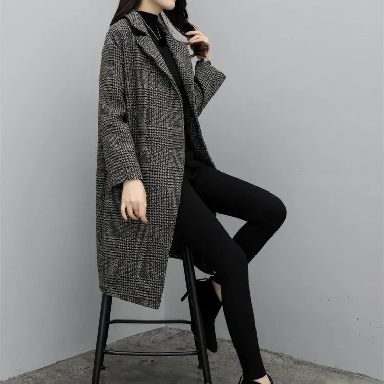 Manteau Pardessus Poitrine Mode Unique Nouveau Femmes Coréenne Femelle De coffee Plaid Laine Hiver Poche 2018 Long Noir Automne xZw1qqUI