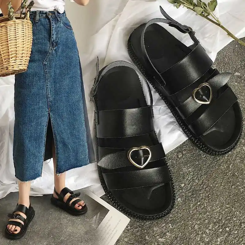 

Harajuku Women Sandals Summer Mujer New Arrival Classic Black Love Flat Shoes Nude Color Comfortable Platform Sandals Female
