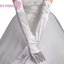 Женская длинный изгиб Длина вечерние свадебные танцевальные перчатки опера белый цвета/цвета слоновой кости полный палец Выпускной, Свадьба перчатки из сатина с бантом