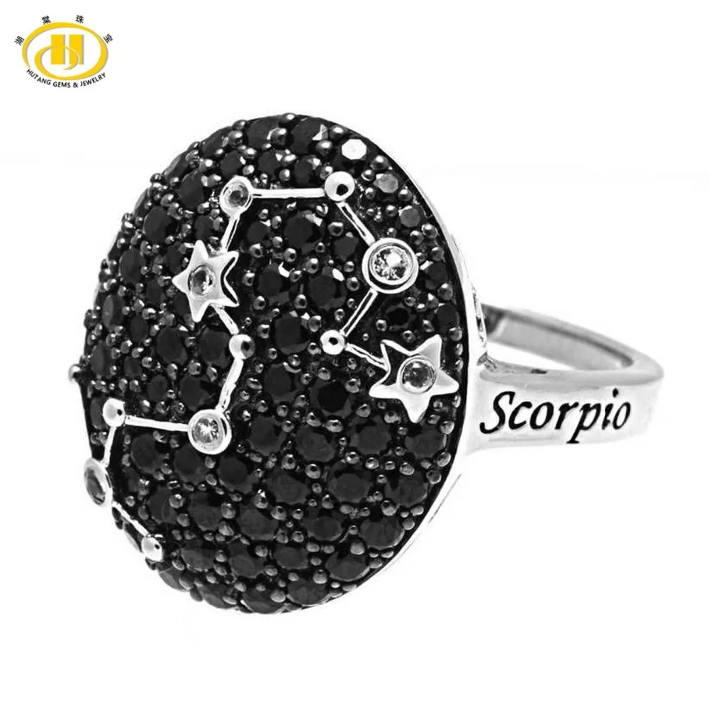

Hutang New Scorpio Zodiac Natural Black Spinel & White Topaz Ring Solid 925 Sterling Silver Fine Jewelry Women's Birthday Gift