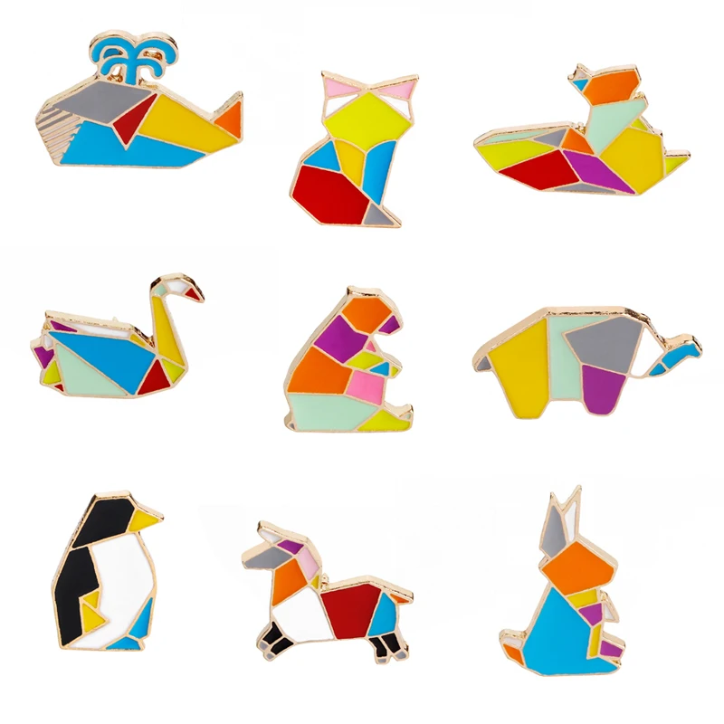 

Origami Enamel Pin colorful geometry pins and broches geometry Stitching Badge Brooches whale fox squirrel swan penguin shapes