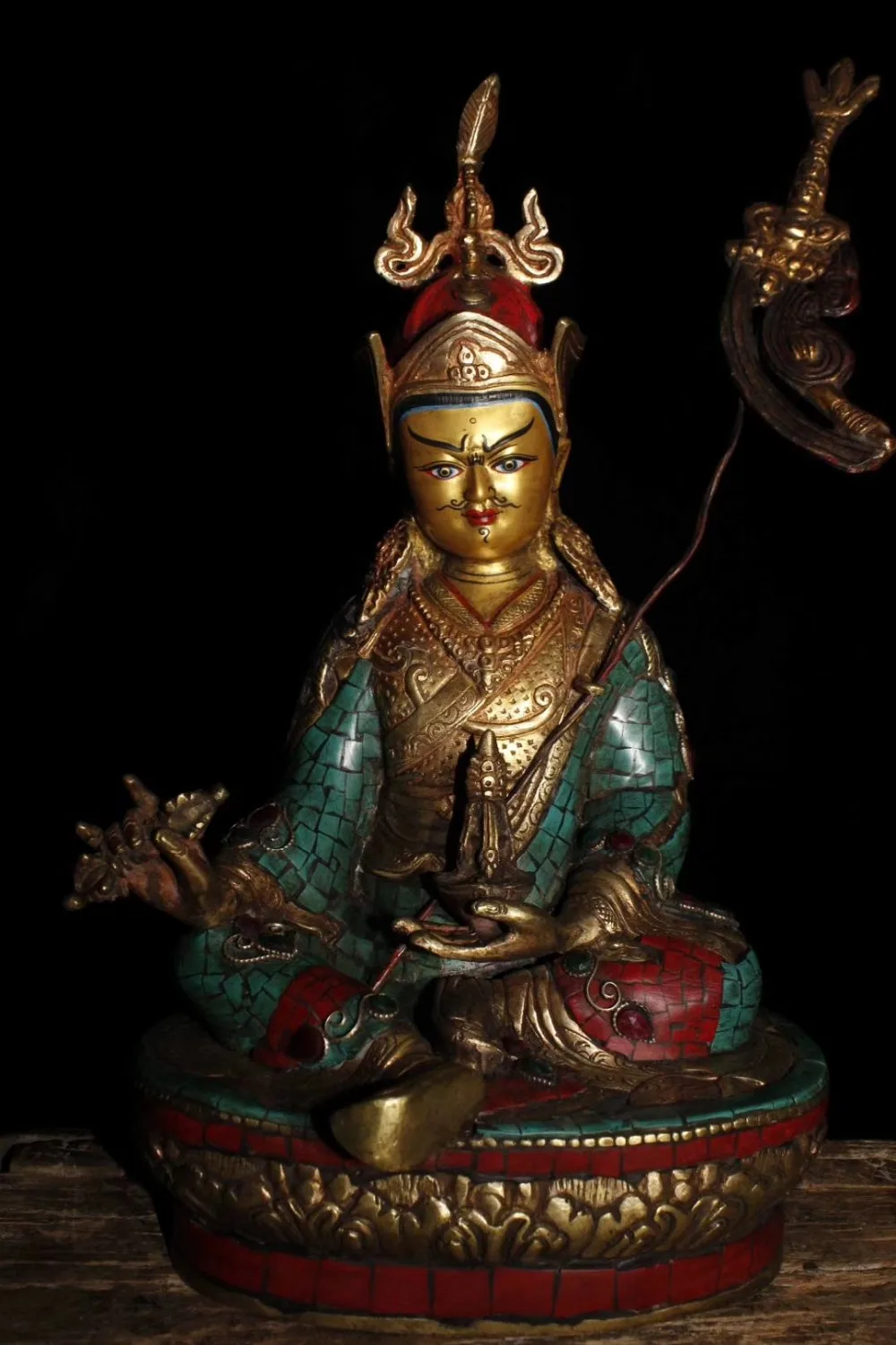 

Old Tibetan Buddhism handmade pure copper inlaid semi-precious stones turquoise Padmasambhava sculpture
