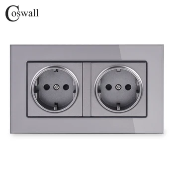 

Coswall 16A Double EU Standard Wall Socket Crystal Glass Panel Power Outlet Grounded With Child Protective Door Grey Gray
