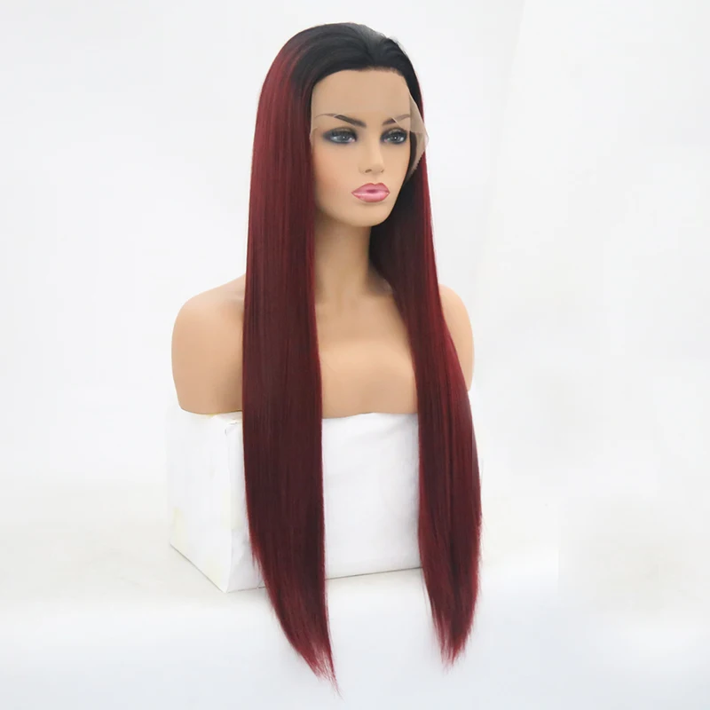 QQXCAIW Для женщин Glueless длинные прямые светлые черный Синтетические волосы на кружеве черный парик Ombre жаропрочных химическое естественно