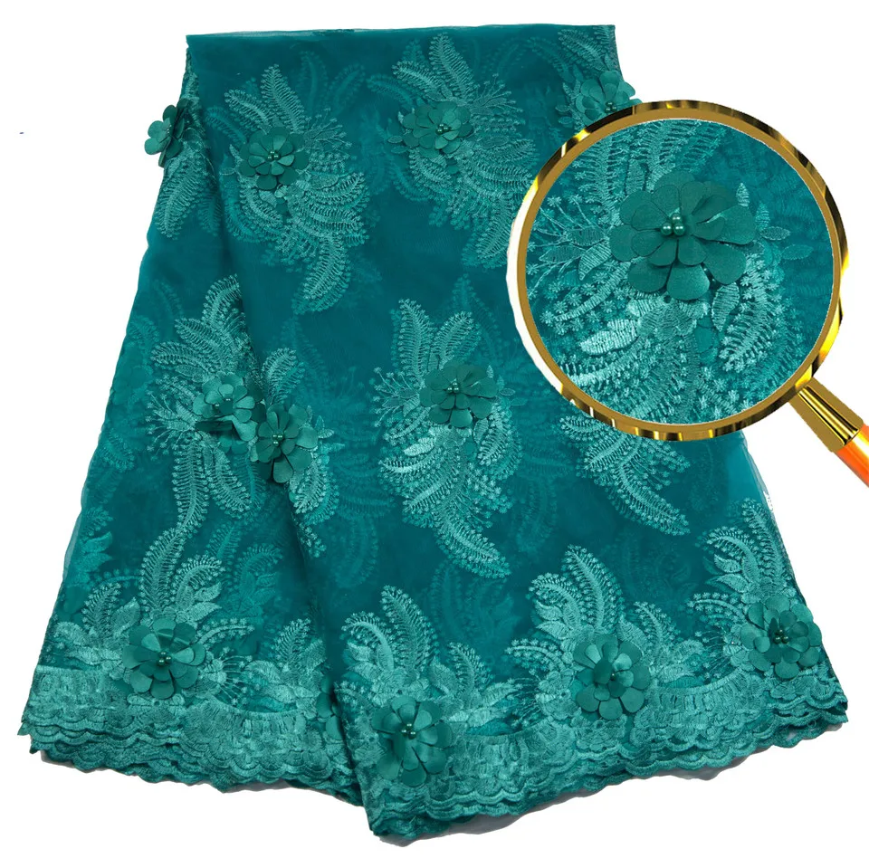 

2018 New African Lace Fabric Dark Green High Quality 3D Flower French Net Wedding Nigeria Embroidered Party Dress L2708