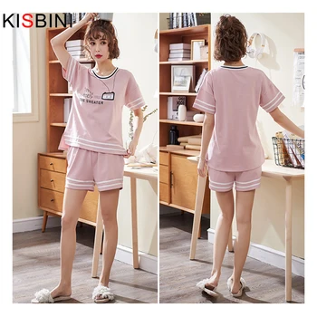 

KISBINI Summer Women Pajamas Clothes Sets Lingerie Cotton Sleepwear Girls Sleepwear T-Shirts+Shorts Homewear Plus Size Nightdown