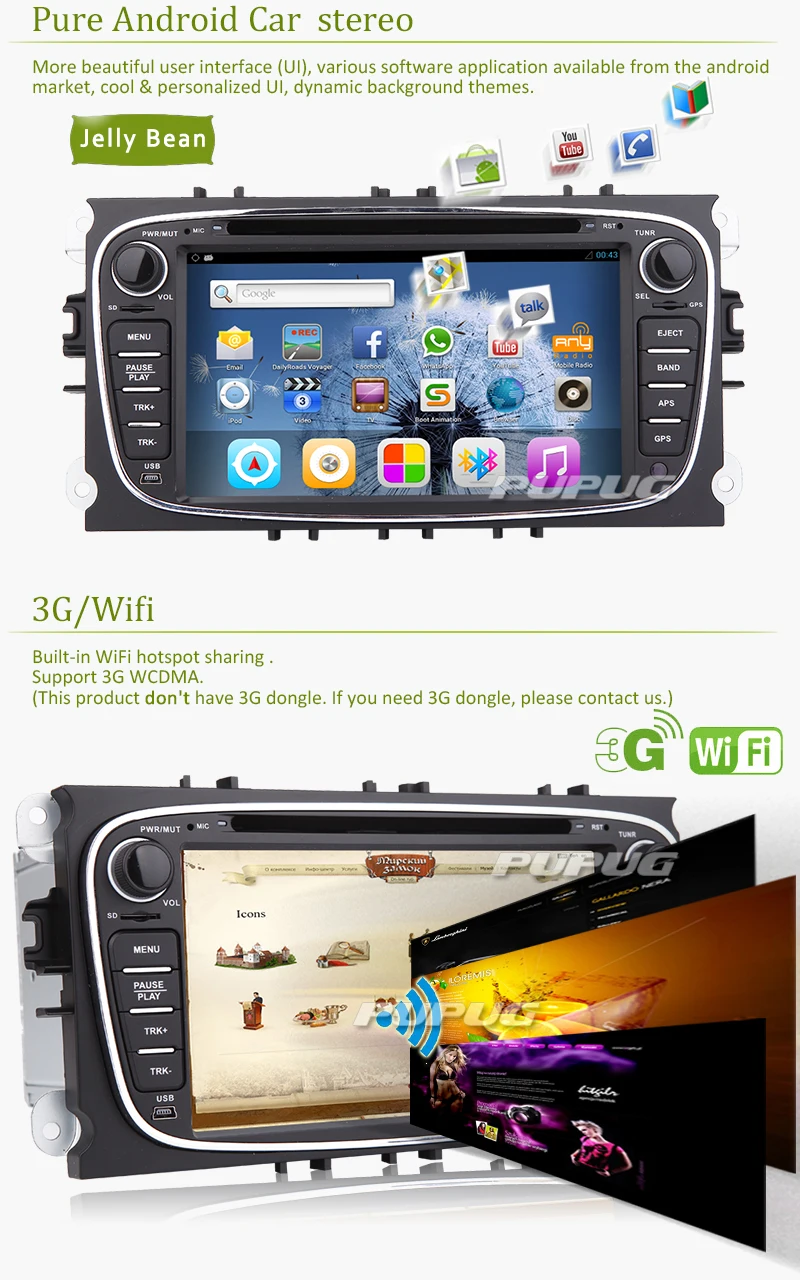 Pure Android 5.1 GPS Map Audio Car DVD Player For FORD FOCUS 2 MONDEO S-MAX 2008-2011 FM AM Video Autoradio Radio Receiver Bluetooth Parts Vehicle Stereo Multimedia System CD 7Inch Remote control RDS Canbus Steering Wheel control EQ Subwoofer