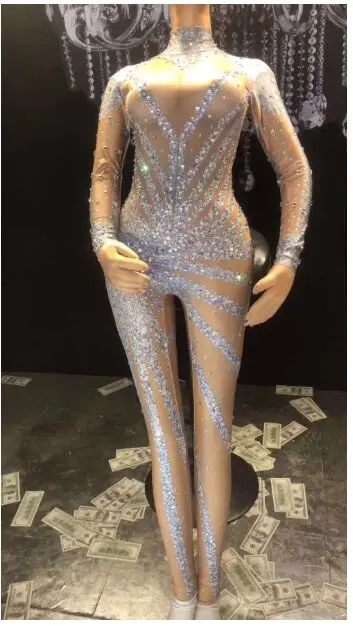 as picture Women Sexy Silver Glisten Rhinestones Jumpsuit long Sleeves Stones Bodysuit Performance Party Celebrate luxurious Dance Costumes - Цвет: as picture