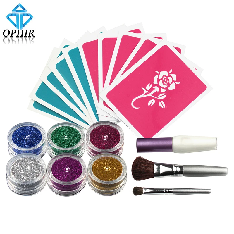 OPHIR 6 цветов пудра для временных татуировок мерцающий блеск татуировки комплект для боди-арта дизайн краски с трафаретом клей и кисти_ TA054