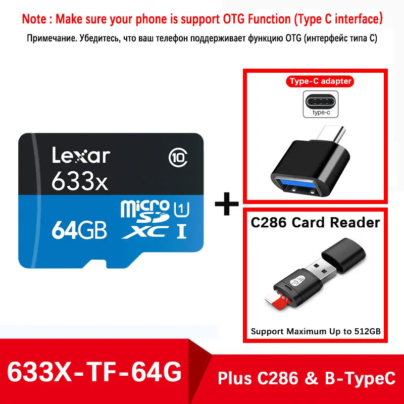 633X-64G-C286-Type-C Оригинальная Micro sd карта Lexar, высокопроизводительная 95 МБ/с./с, 633x64 г, считыватель карт памяти, UHS-I, карты для дрона, Gopro, Dji, Спортивная видеокамера - Емкость: 633X-64G-C286-Type-C