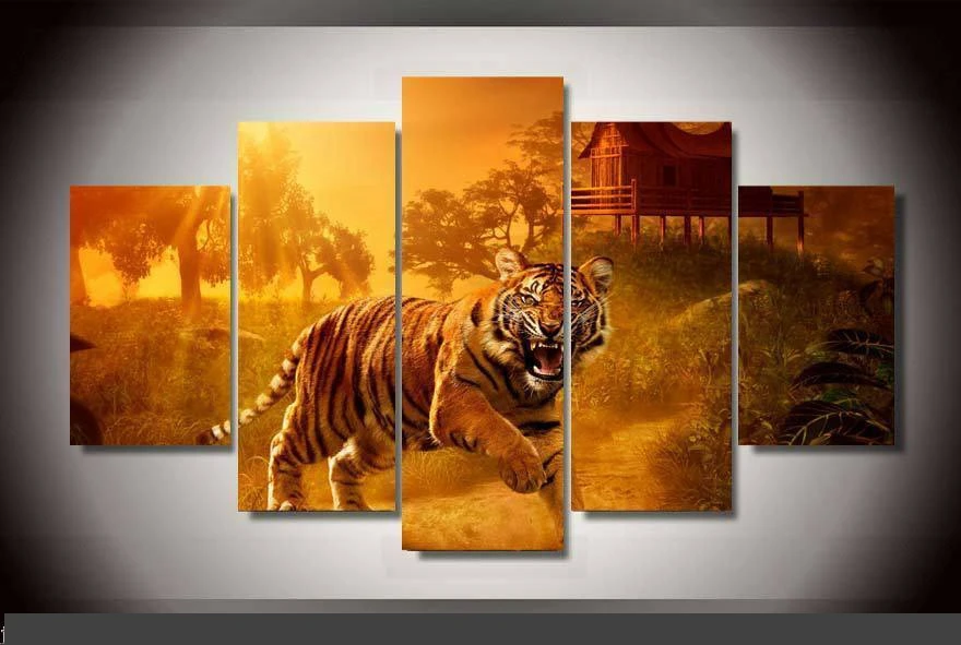 

Art Abstract Indoor Decor 20x35cmx2,20x45cmx2,20x55cm Jungle View Tiger Animal print canvas decoration 5 pieces