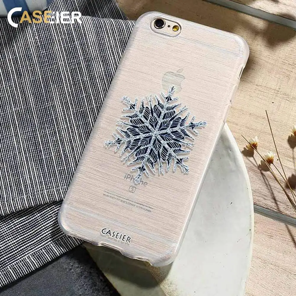 

CASEIER Christmas Snowflake Embossed Case For iPhone 7 6 6s Plus 5 SE Art Print Transparent For Samsung S6 S7 Edge Cover Capa