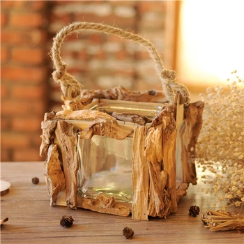 

Kingart Glass Wooden Lantern Hemp Rope Portable Candle Holder Table romantic Bar Decoration Candle Lantern Lamp
