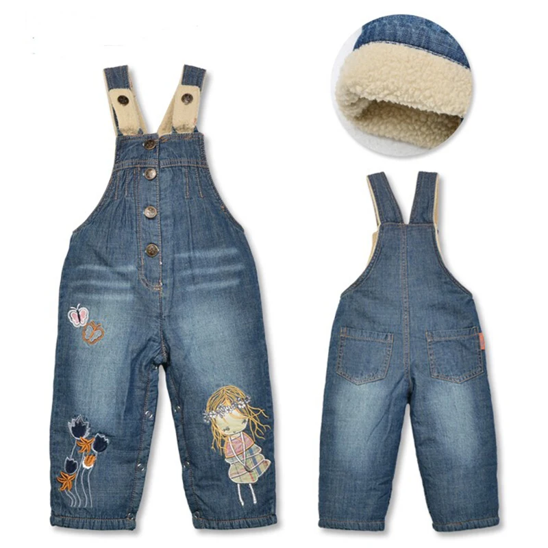 Baby Girl Warm Suspender Jeans with Thicken Cotton and Velet inside Children Jeans Winter Kids