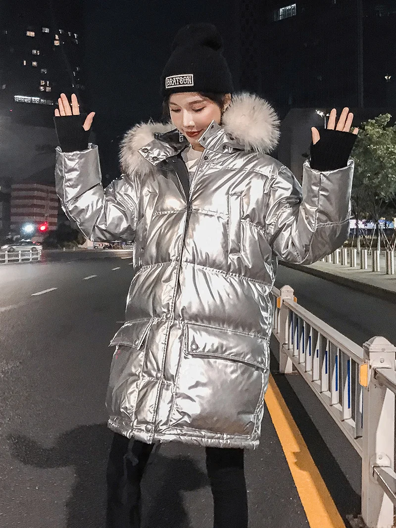 Big Raccoon Fur Collar Hooded Long Wadded Jacket Women's Winter Warm Down Jackets Large Size Loose Glossy Coats Outwear Overcoat