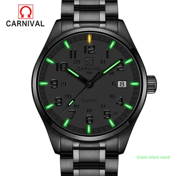 

New Carnival Tritium Light mens Watch Quartz Double calendar Date Tritium Luminous Waterproof Military diving Watches full steel