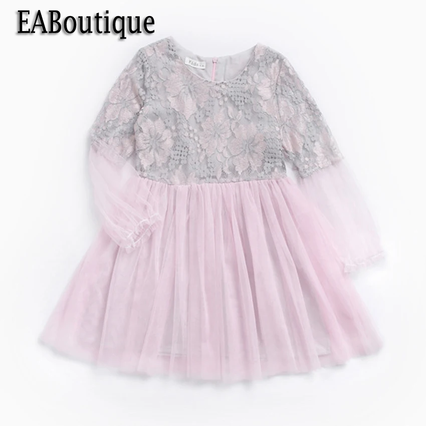 

EABoutique New Spring Kids Fashion Lace Floral Girls Dress Long Sleeve Beautiful Yarn Girl Princess Dress Wedding Party Dress