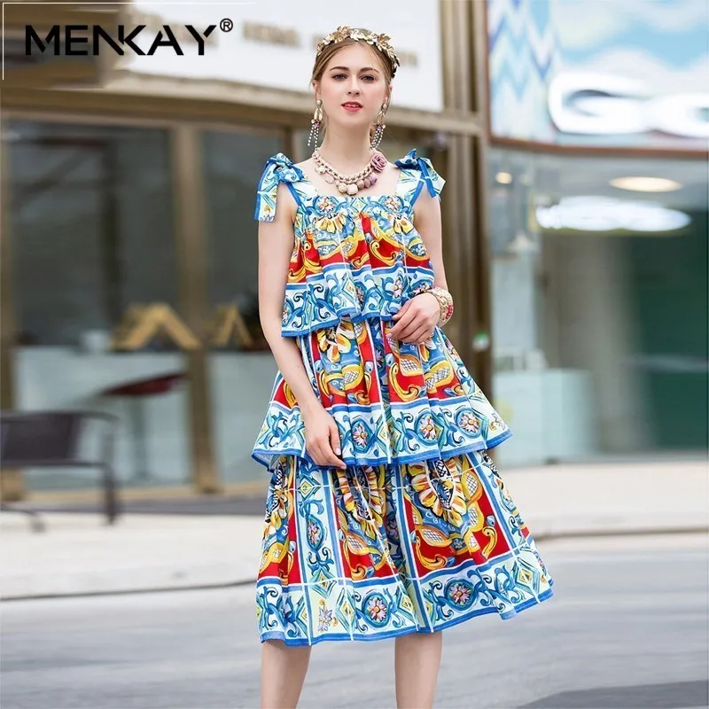 

[MENKAY] 2019 Summer Tiered Ruffles Cake Beach Dress Women's Elegant Painted Pottery Print Vacation Party Bow Strap Dress