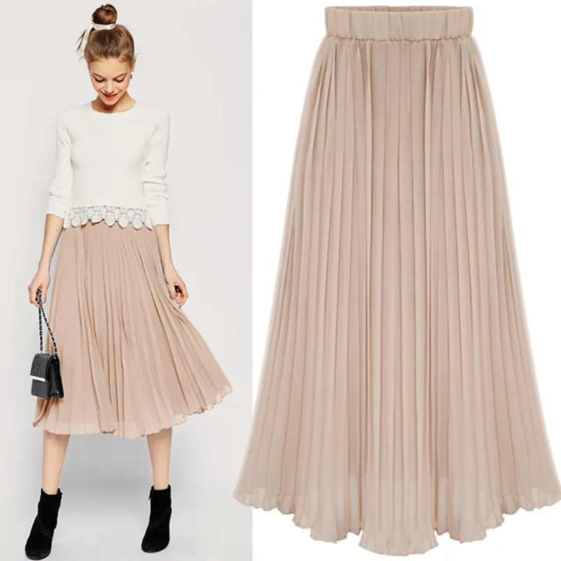 Ceny Spódnica letnia dla kobiet szyfonowa, plisowana spódnica 2019 imperium Solid Color Office Lady Fashion elegancka spódnica odzież damska Plus rozmiar