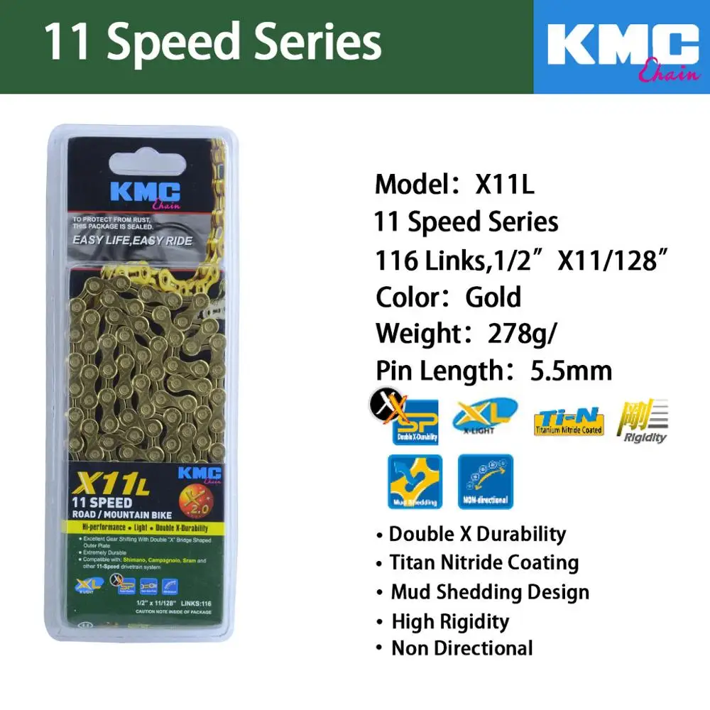 Цепь KMC X8 X9 X10 X10 EPT X9L X10L X11LBike 9S 10S 11S Gold для MTB/шоссейного велосипеда fo Shimano/SRAM 8 9 10 11 speed 116L/цепной велосипед - Цвет: X11L-Gold