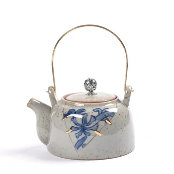 

Chinese blue and white porcelain teapot bronze pot household handmade ceramic gold Kung Fu tea set antique teaware kettle gift