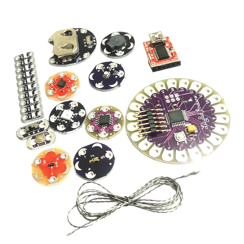 Lilypad Arduino комплект, Sewable комплект электроники(ATmega328P, светодиоды, датчик температуры, FT232RL, зуммер, переключатель