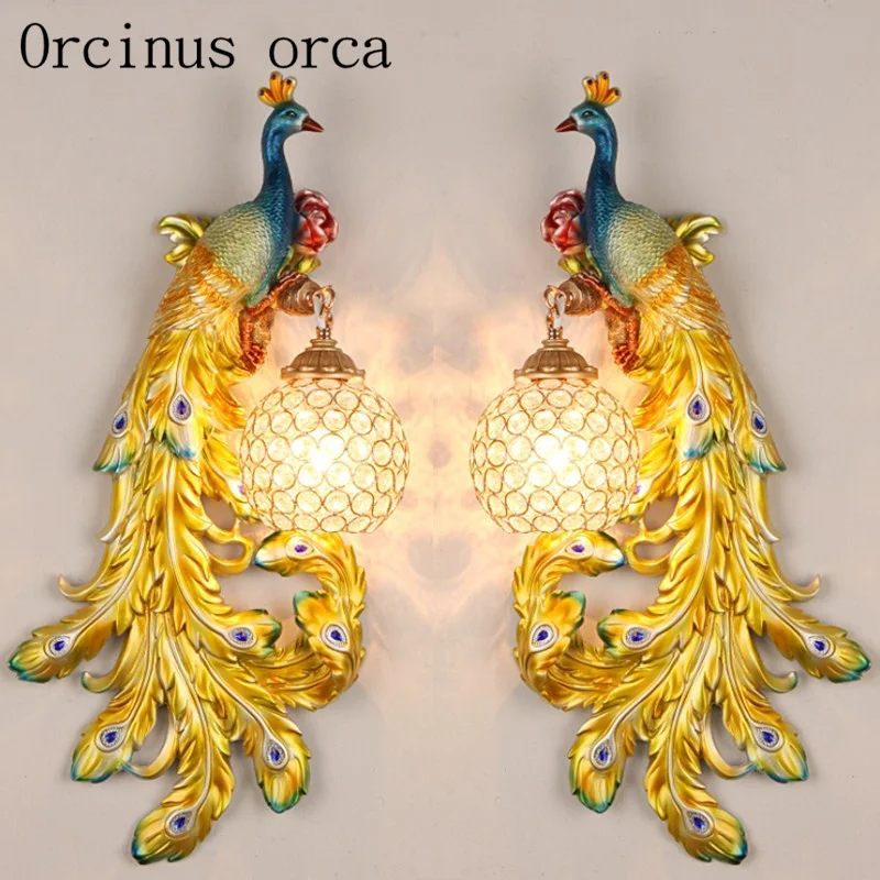 

European pastoral peacock crystal wall lamp living room background bedroom bedside French luxury modern creative wall lamp