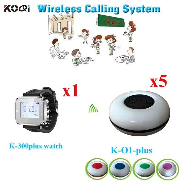 K-300plus+O1-plus 1+5 Wireless Sound System Any Language Any Logo Accept For Restaurant Calling Waiter( 1pcs wrist watch+ 5pcs waterproof call button)