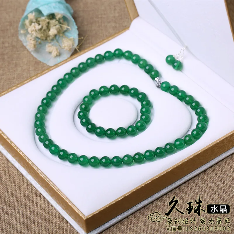 

Natural Jewelry 8mm Brazil Top Natural Green Stone Chalcedony Necklace Bracelet and Earring for Graceful Women