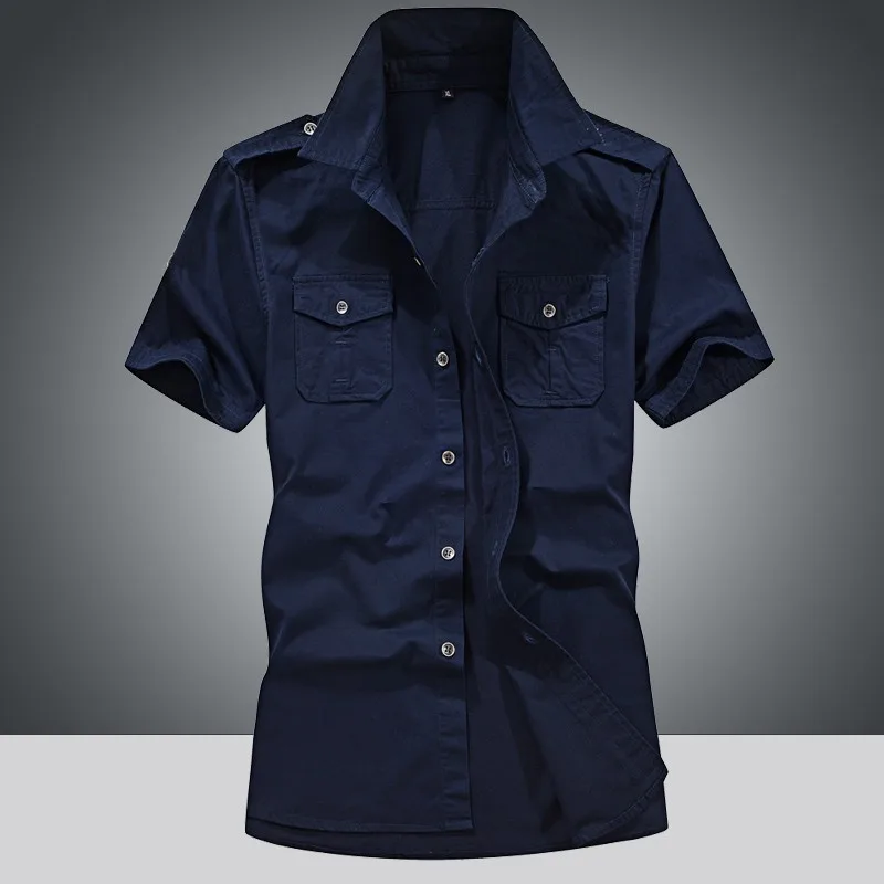 Брендовая рубашка в стиле милитари для мужчин с коротким рукавом, лето, армейский зеленый хаки, мужская мода, новые хлопковые рубашки, Camisa Masculina Chemise Homme - Цвет: A05 Dark blue