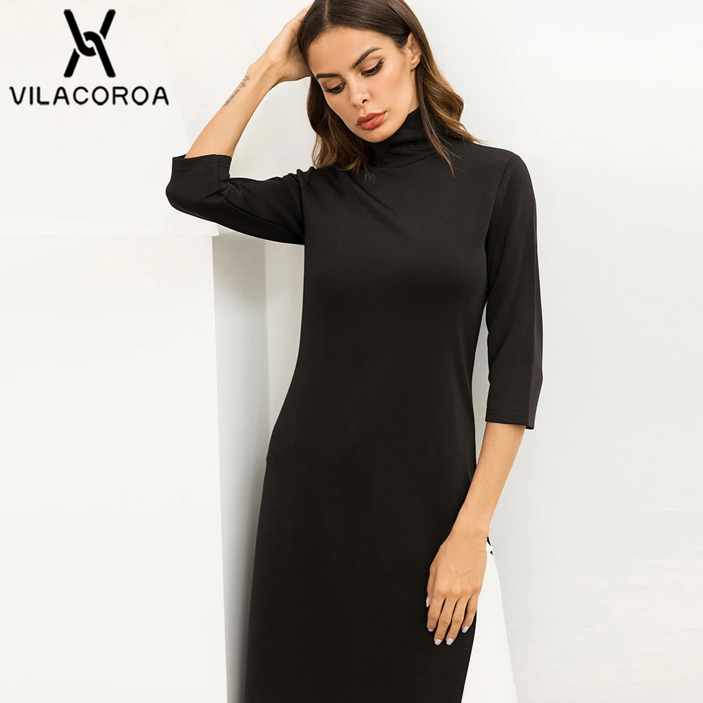 Черная футболка Макси платье для женщин водолазка с Боковым Разрезом Высокая