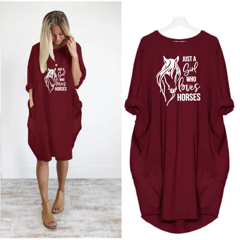 

Just a girl Who Loves Horses Print Pocket Dress Female Harajuku Long Sleeve Vintage Lover Casual Sexy Dress Women Hollow Femme
