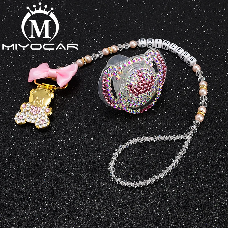 

MIYOCAR any name bling crown pacifier clip personalized pacifier holder dummy clip with bling pacifier set unique gift SP011