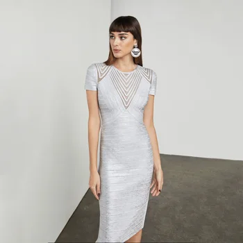 

2018 New Arrival Fashion Shoulder Bandage Dress Hot Glue Elegant O Neck Short Sleeve Midi Bodycon Evening Party Dresses Vestidos