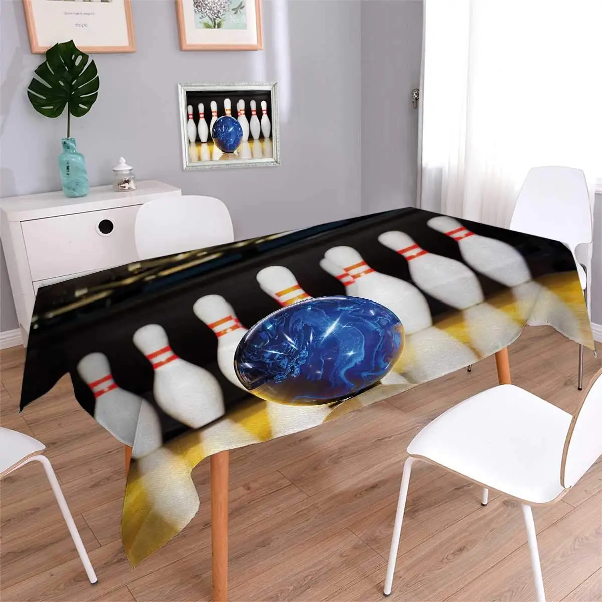 Bowling Party Tablecloth Blue Abstract Ball on the Lane Pins Close Up