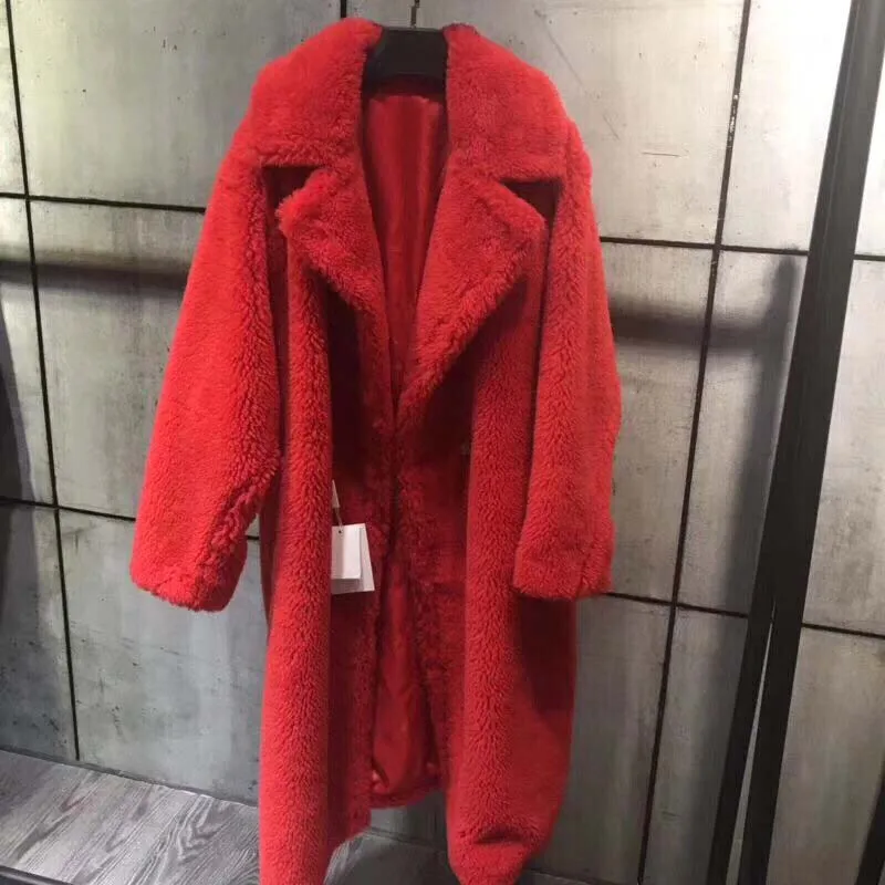 Плюшевое пальто из искусственного меха, куртки, утолщенная теплая женская зимняя куртка, пальто из овечьей шерсти большого размера, женское длинное пальто, куртка из искусственного меха - Цвет: red teddy coat