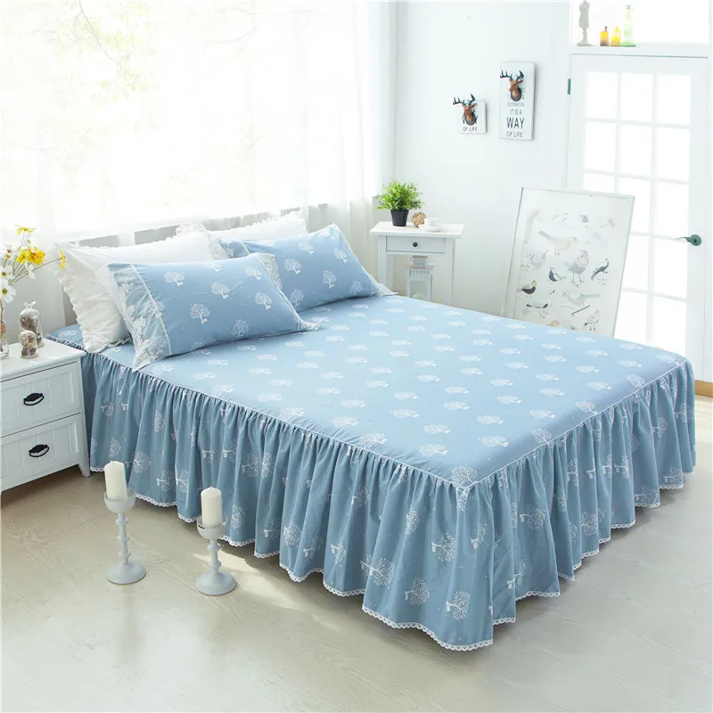 Новый стиль принцессы Кружево кровать юбка 100% хлопок bedskirts с 2 шт. наволочка с цветочным принтом синий домашний текстиль Королева Король