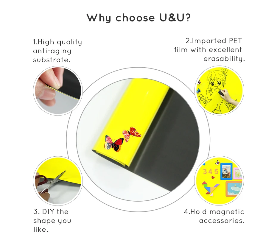 930_03 DIY Dry Erase Ferrous whiteboard Waterproof Yellow Drawing Writing Board White Board Stickers Memo Children Gift Wall Sticker
