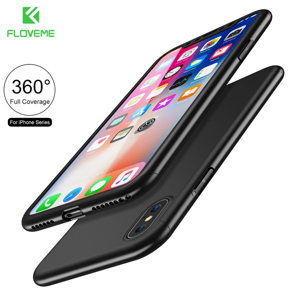 FLOVEME 360 Full Protective Phone Cases For iPhone X 7 8 Plus Case Hard Luxury Shockproof With Tempered Glass Film Cover |