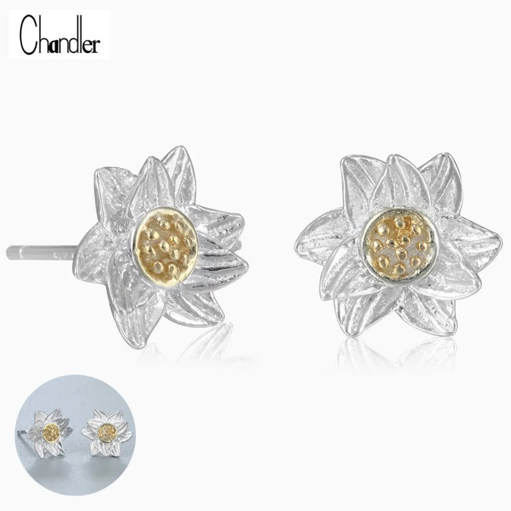 Lotus Charm Stud Earring 925-sterling-silver Golden Stamen Flower Ear Studs Women Yago Elegent Jewelry Fit for silver Accessary