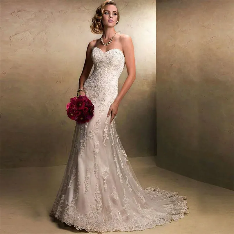 

Vintage Ladies Sheath Lace Bridal Gowns Sexy Strapless Lace Up Wedding Dress Simple & Fashion Embroidery Wedding Dress