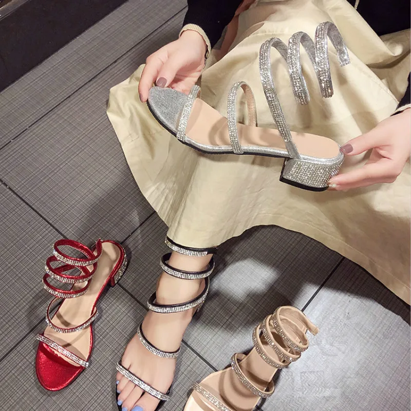 

Rhinestone Shoes Woman Fairy Wind Shaped Snake Winding Women Roman Sandals Sexy Thick Heel Women Sandals Wild wedding shoe G2-74