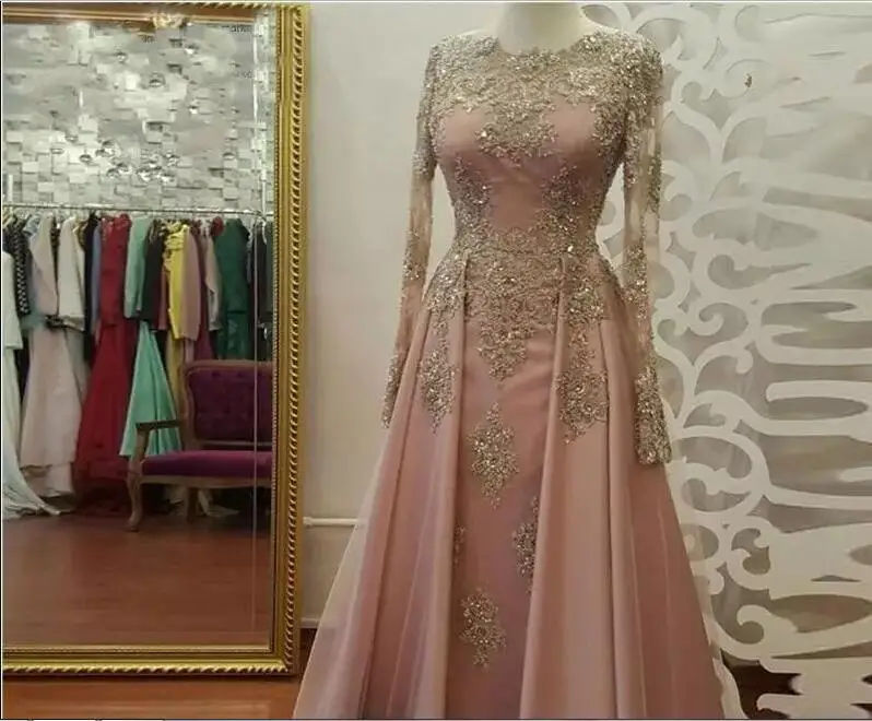 Вечерние платья с длинным рукавом для Для женщин одежда Кружева Аппликации Дубай мусульманский кафтан выпускного вечера вечерние платья