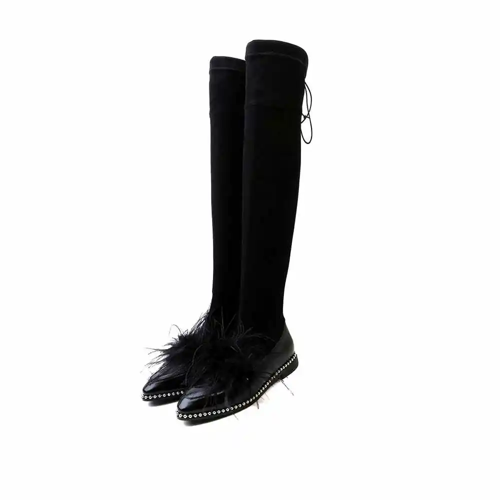 Véritable Over Bottes Naturel Cuir Bas Beige De Mode the Krazing noir Fourrure genou Bottines Extensibles Solide Velours Talons Couleur Rivets L12 Pot 2019 En EOqFT