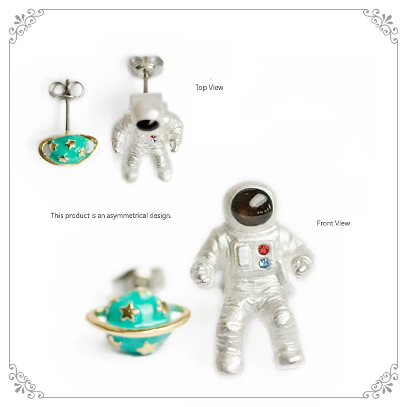 1pc Japan Women Silver Plated Exclusive Astronaut Planet Stud Earring Unique Chic Earring For Womens Fashion