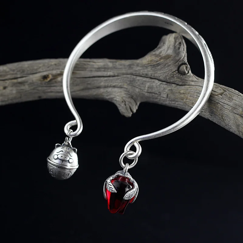 

Sterling silver matte national wind, handmade, lady pomegranate red, tulips open bell bracelet