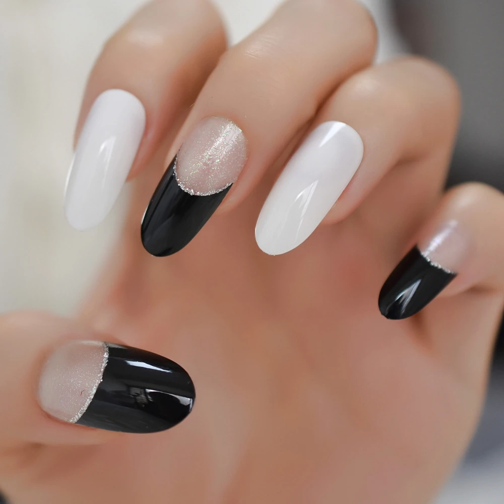 Oval Nagel Tipps Schwarz Weiss Klar Franzosisch Falsche Nagel Tipps Acryl Shimmer Bunte Glitter Volle Abdeckung Gefalschte Nagel Kunstliche Nagel Falsche Nagel Aliexpress